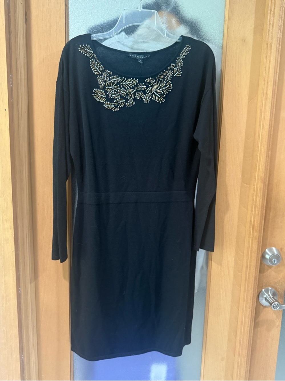 Antonio Melani Black Long Sleeve Embellished Neckline Dress - Size Medium